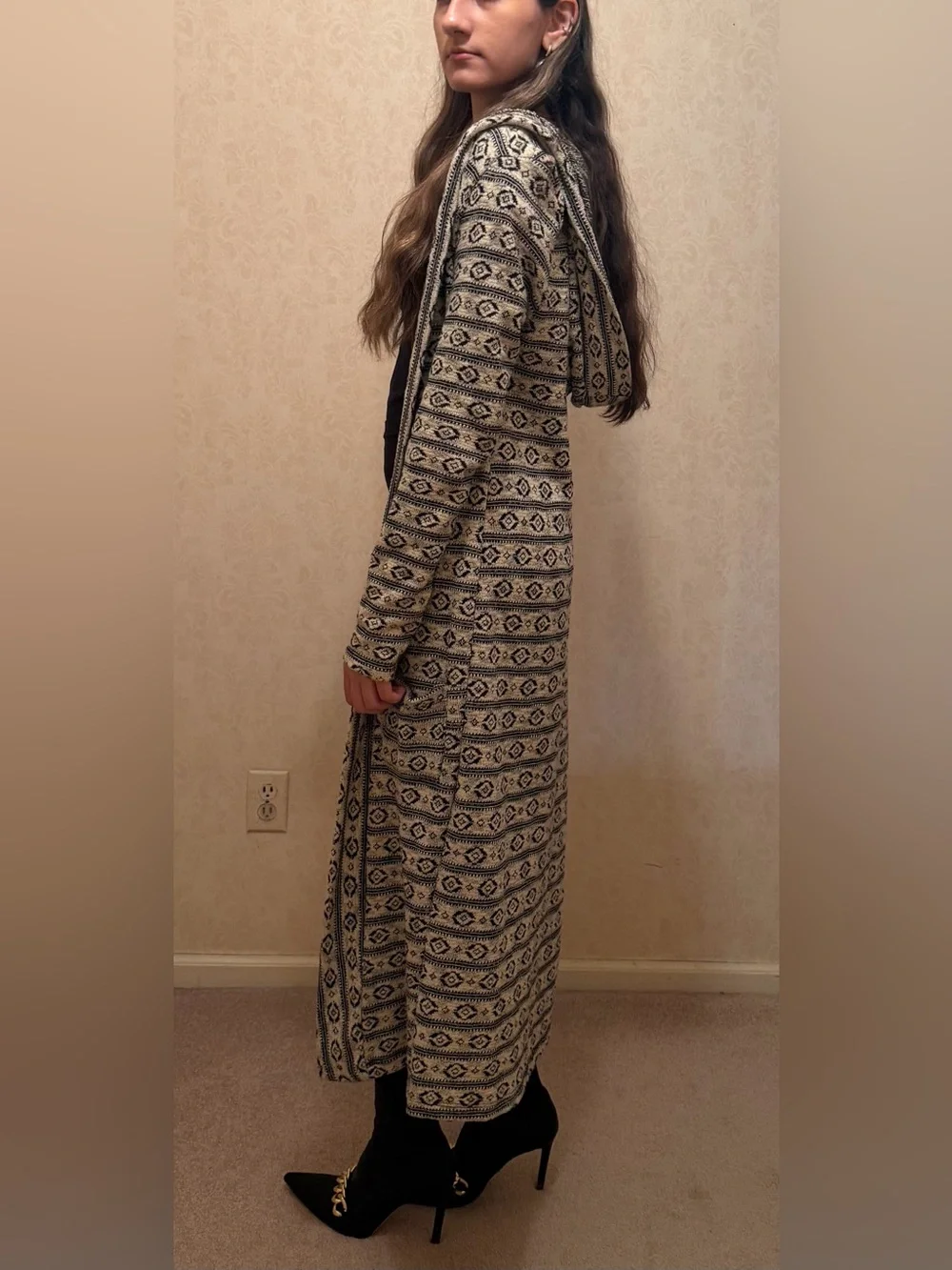 Boho Aztec Geometric Print Long Hooded Cardigan Duster - Made in Turkey-Size S